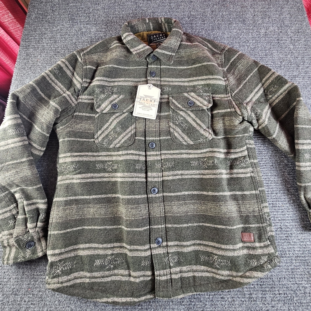 Jachs Forest Green Striped Wool Blend Sherpa Lined Flannel Jacket New